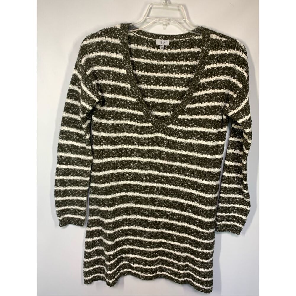 -3. TOBI Women's Striped Cotton Knit V-Neck Sweater Green White Size Small